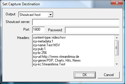 Einstellen des Zielstreams: Wählen Sie: File -> Set Capture Destination Erläuterungen zu den einzelnen Feldern: Shoutcast server: Tragen Sie die URL oder die IP des Servers ein, auf dem Sie senden
