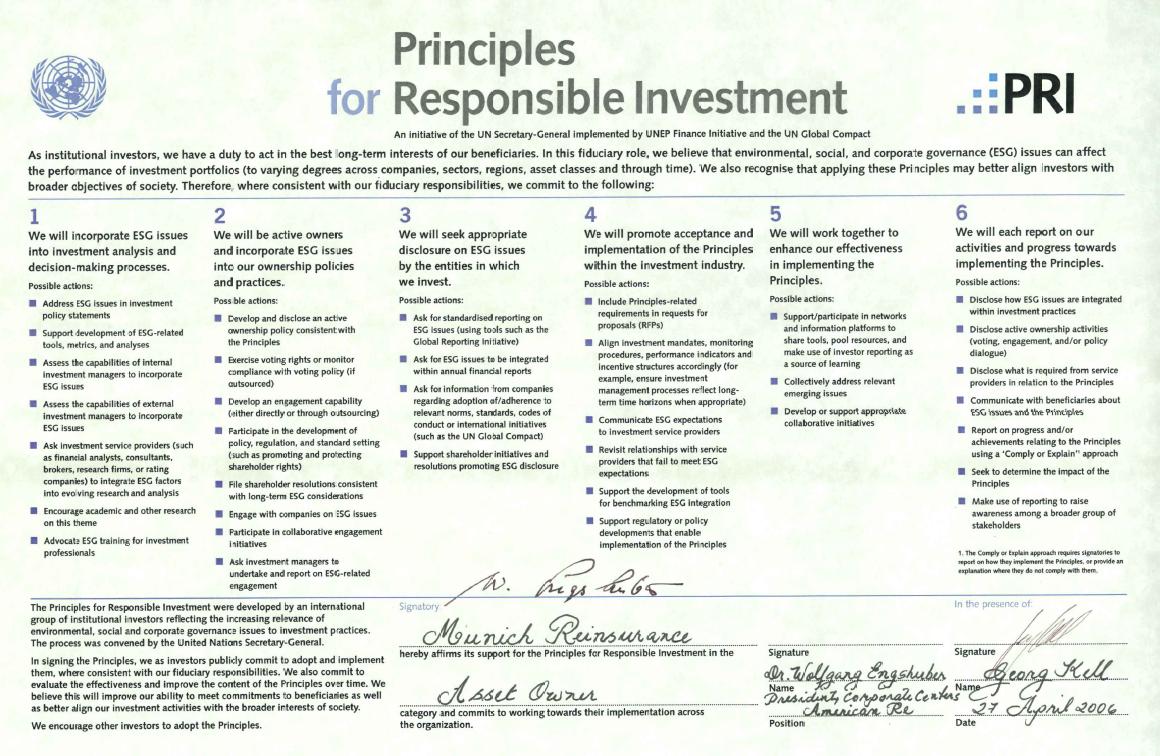 Munich Re erster Unterzeichner in Deutschland der UN Principles for Responsible Investment Munich Re Anbieter