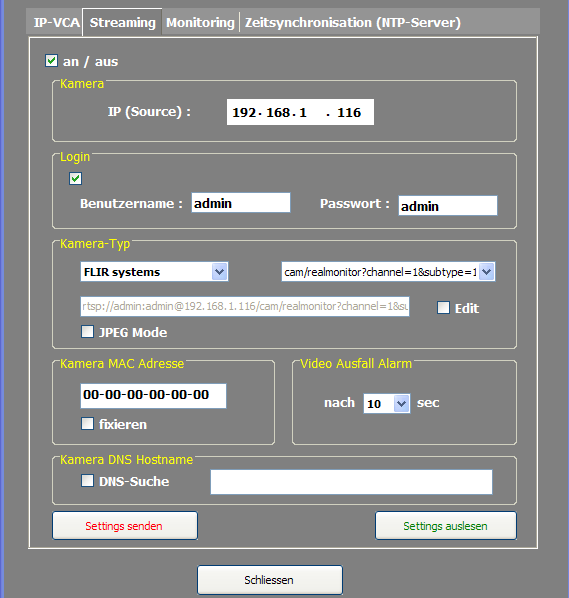 Konfiguration IP-VCA: Zuerst wird der Stream am IP-VCA eingestellt: Neben der IP-Adresse und den ggf. notwendigen Login-Daten wird unter Kamera- Typ der Eintrag FLIR systems ausgewählt.