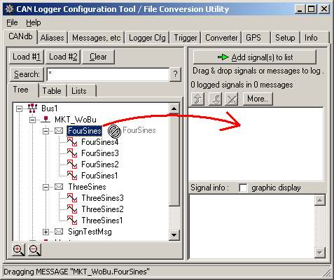 Logger-Konfiguration bearbeiten : Auswahl zu loggender CAN-Signale bzw Telegramme Einzelne Signale, oder