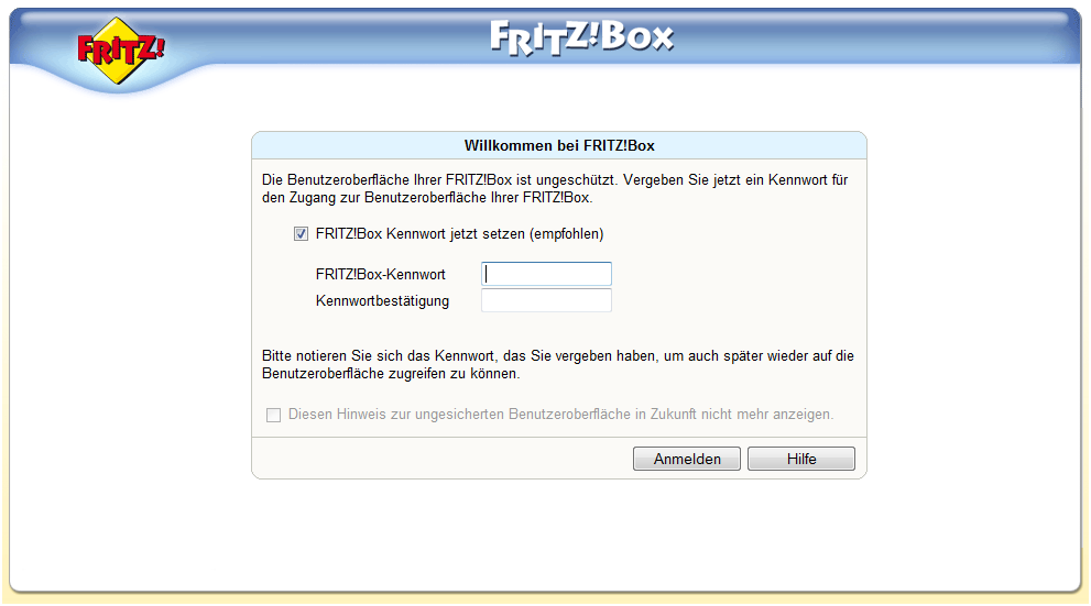 Die Fritz!Box Kennwort setzen Öffnen Sie nun erneut Ihren Browser und tippen Sie folgende Adresse in die Adresszeile ein: http://192.168.178.
