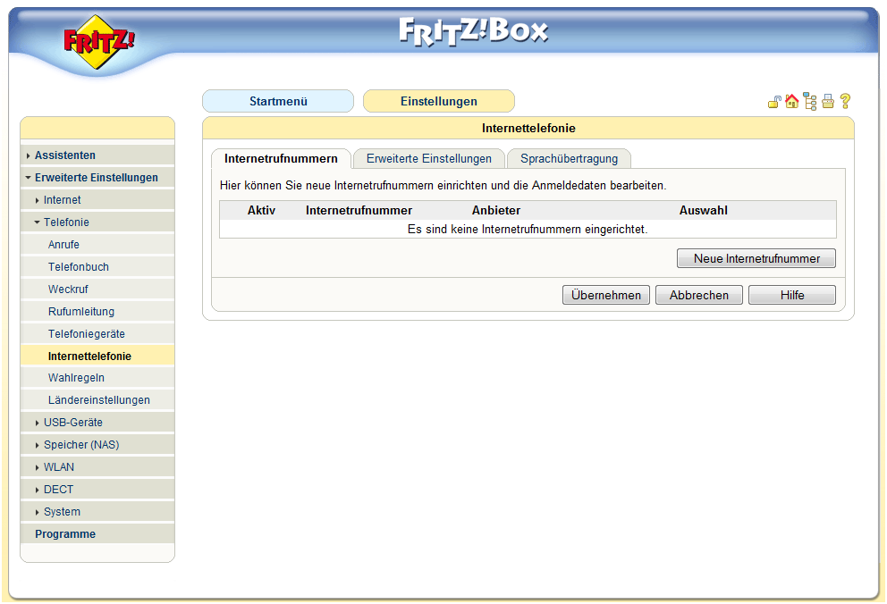Die Fritz!Box VoIP Konfiguration I Klicken Sie im Webinterface bitte zunächst oben auf den Button Einstellungen.