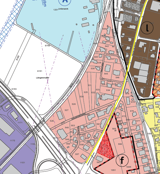 Lärmnachweis 14 Abb. 8: Ausschnitt aus dem Zonennutzungsplan (Stand Bereinigung nach 2. Vorprüfung). Das Gebiet Allmendstrasse ist blau umrandet.