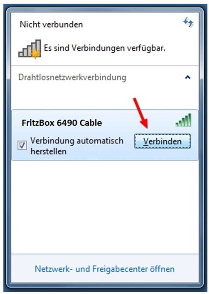 1.2.6 WLAN Konfiguration Um eine kabellose Verbindung (WLAN) zur FRITZ!Box herzustellen, müssen Sie nur die WLAN-Verbindung am Computer aktivieren. Die folgende Anleitung wurde für Windows 7 erstellt.