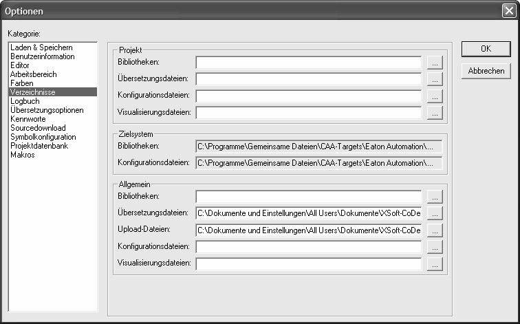 5.1.1 Projektspezifische Konfigurationsdatei(en) und Gerätedatei(en) Kundenspezifische Verzeichnisse für Konfigurationsdatei(en) und Gerätedatei(en) können über den Menüpunkt <Projekt> <Optionen>