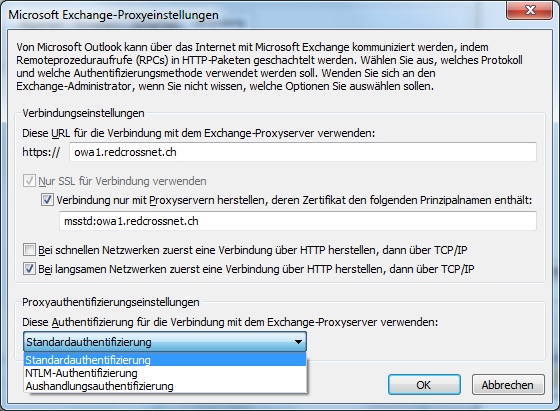 9. Aktivieren Sie das Kästchen Verbindung mit Microsoft Exchange über HTTP herstellen. Dann klicken Sie auf Exchange-Proxyeinstellungen 10.