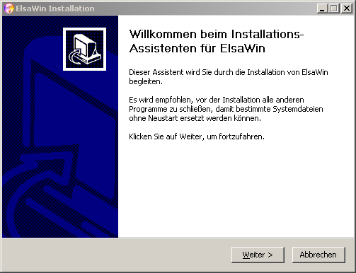 Wenn alle Softwarevoraussetzungen für die ElsaWin-Installation erfüllt sind, erscheint
