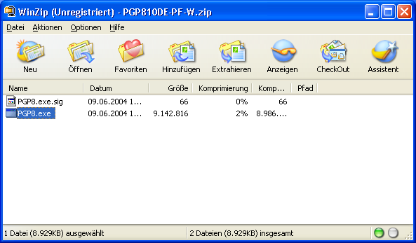 Nach dem Download der Verschlüsselungssoftware (hier als Beispiel PGP) öffnet sich das Dekomprimierungsprogramm