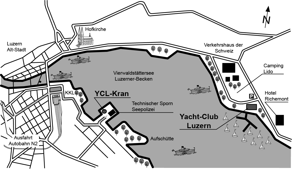 Lageplan YCL / YCL-Kran Parkplätze für Trailer und PW s: Gratis Parkplätze für Trailer beim Club P ganz zuhinterst markiert PW