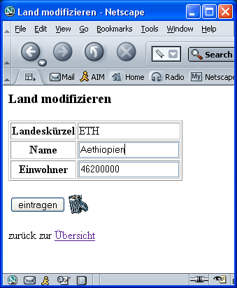 Sonstiges Hidden Fields (HTML): Übergabe von Werten an nächste Seite Beispiel: <form action="controller_land_modifizieren.php> <table border="1"> <tr> <th>landeskürzel</th> <td><?= $land->getid()?