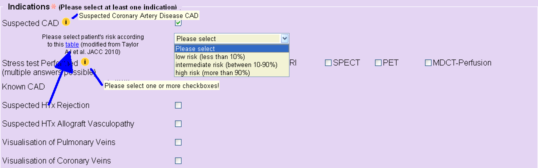 VIII. Specification of Indication / Suspected CAD I Ist ein MouseOver Infofeld, welches weitere Informationen zur Eingabe durch Bewegen der Maus liefert.