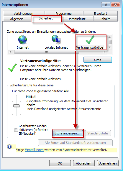 Fügen Sie die entsprechenden Webseiten hinzu mit dem Präfix https:// hinzu im Feld Diese Website zur Zone hinzufügen: https://ssl.fioport.de https://ssl3.fioport.de https://ssl5.fioport.de https://content.