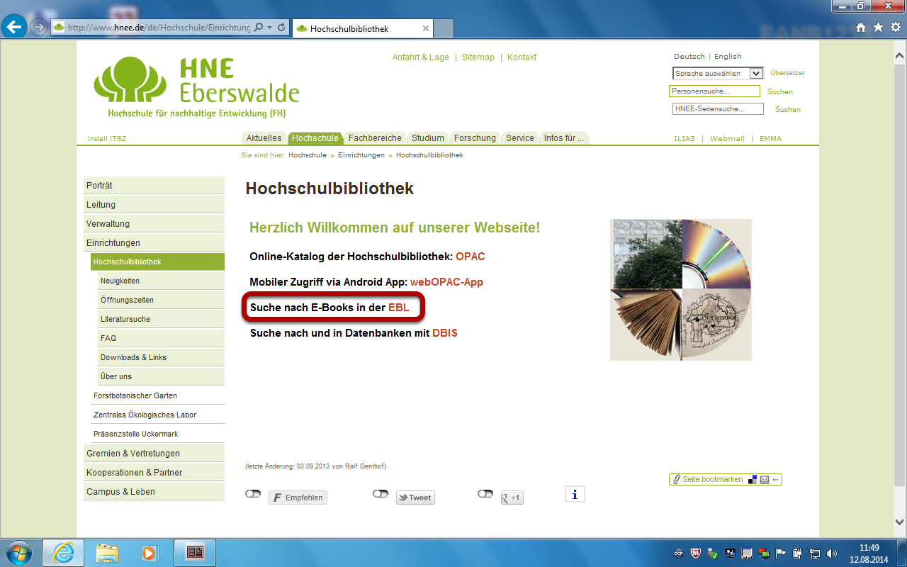 EBL-Datenbank über die HNE-Seite öffnen EBL-Datenbank über die Startseite der