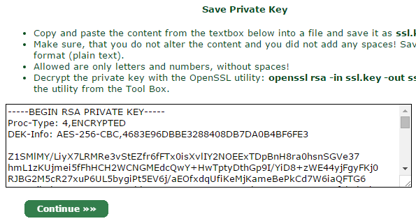 Im nächsten Schritt wird Ihr privater Schlüssel erzeugt. Sie benötigen ein Passwort (Länge zwischen 10 und 32 alphanumerische Zeichen). Notieren Sie sich dieses Passwort gut!
