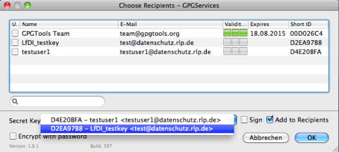 Anmerkung: Sie benötigen von jedem Empfänger, dem Sie die verschlüsselte Datei zukommen lassen wollen, den "öffentlichen GnuPG-Schlüssel".