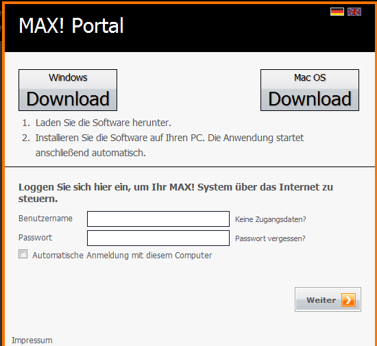 2. Software downloaden und installieren Öffnen Sie die Seite https://www.max-portal.elv.de. Laden Sie die Installations-Software für Ihr System herunter (1).