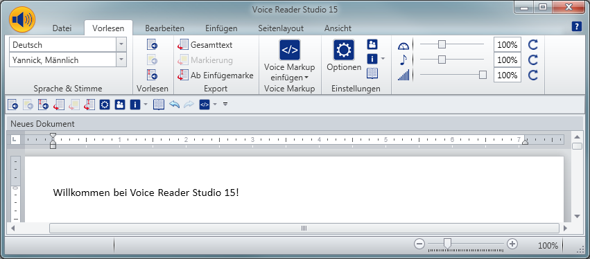Die Voice Reader Studio 15 Oberfläche mit skalierbarem Textfeld, Multifunktionsleiste, Registerkarten, Schnellzugriffsleiste und Voice Reader Studio 15 Vorlese-Schaltfläche Im Folgenden finden Sie