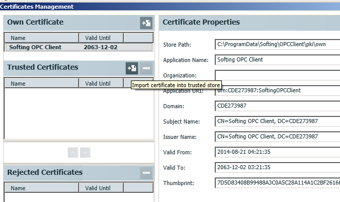 7 Wenn Sie das Zertifikat des Lenze OPC Servers für einen OPC Client benötigen, betätigen sie die Schaltfläche Copy own certifcate und wählen Sie einen Zielordner Ihrer Wahl aus.