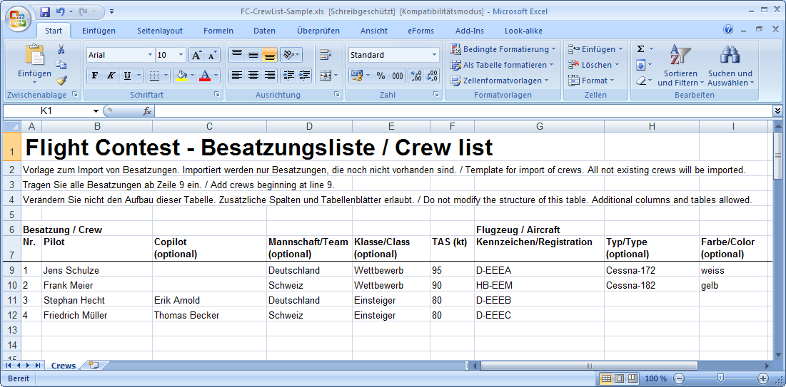 Wettbewerbs-Vorbereitung - Besatzungs-Liste (1) Excel-Vorlage verwenden (Programme -> Flight Contest -> Samples ->