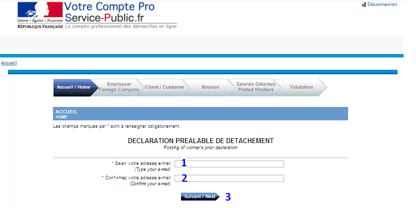 2. Ausfüllen der Entsendeerklärung Geben Sie Ihre ID-Nummer (1) und Ihr Passwort (2) ein, dann auf Einloggen (3) klicken.