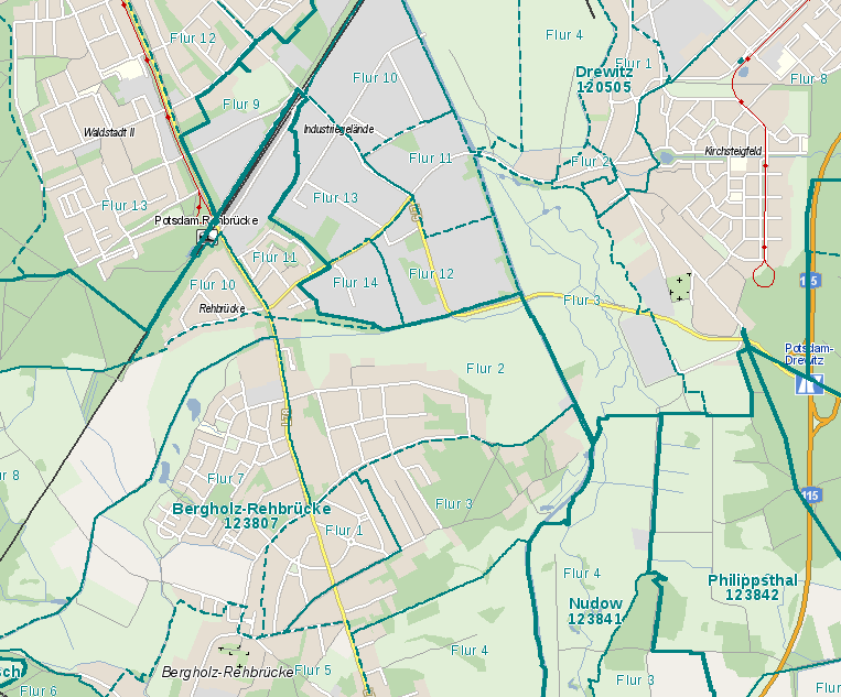 Web Map Service Flure und Gemarkungen 12 WMS-ALKIS-Flur Beinhaltet alle Flur und Gemarkungsgrenzen einschließlich Namen und Kennzeichen des Landes Brandenburg.