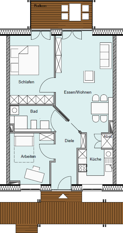 Beispielrechnung für eine Drei Zimmerwohnung mit 72 qm barrierefrei nach DIN incl. 600 m² Flächen zur Mitbenutzung ohne Sammelgaragenstellplatz (ggfs. einmalig Mehrkosten in Höhe von ca. 18.