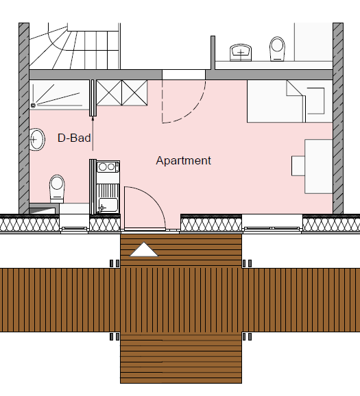 Beispielrechnung für ein 1 Zimmer - Apartment barrierefrei nach DIN mit 23 m² individueller Wohnfläche und ca. 600 m² Flächen zur Mitbenutzung, ohne Sammelgaragenstellplatz (ggfs.