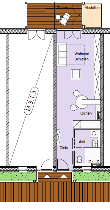 Beispielrechnung für ein 1 Zimmer Apartment barrierefrei nach DIN mit 35 m² individueller Wohnfläche und ca. 600 m² Flächen zur Mitbenutzung, ohne Sammelgaragenstellplatz (ggfs.