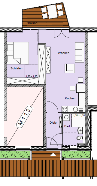 Beispielrechnung für eine 2 Zimmerwohnung barrierefrei nach DIN mit 52 m² individueller Wohnfläche und ca. 600 m² Flächen zur Mitbenutzung, ohne Sammelgaragenstellplatz (ggfs.