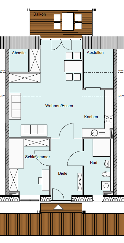 Beispielrechnung für eine 2 Zimmer Dachwohnung barrierefrei nach DIN mit 63 m² individueller Wohnfläche und ca. 600 m² Flächen zur Mitbenutzung, ohne Sammelgaragenstellplatz (ggfs.