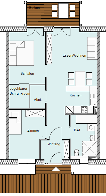 Beispielrechnung für eine 3 Zimmerwohnung barrierefrei nach DIN mit 72 m² individueller Wohnfläche und ca. 600 m² Flächen zur Mitbenutzung, ohne Sammelgaragenstellplatz (ggfs.