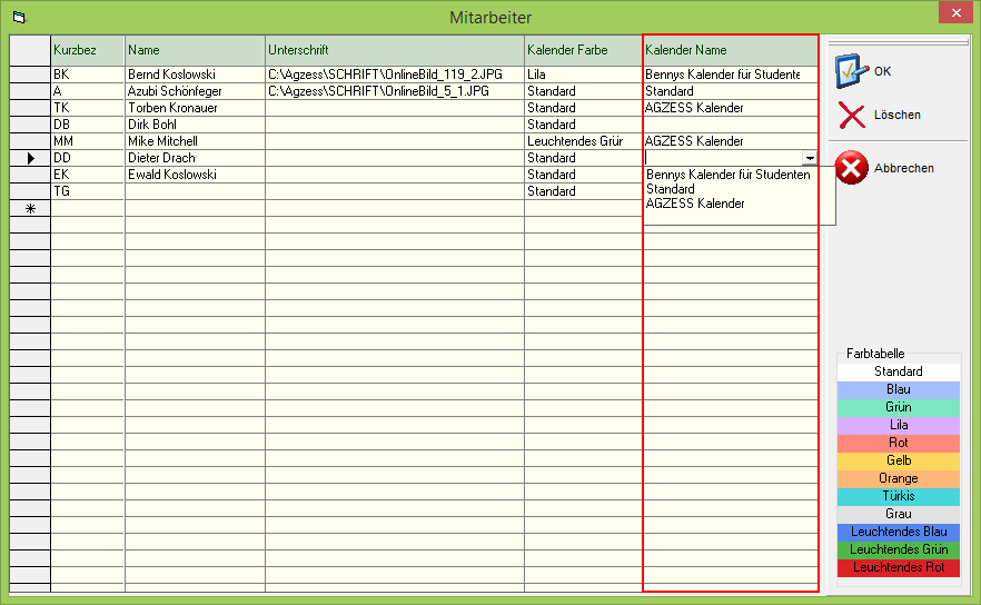 3.2.1 Kalenderverwaltung in Agzess Mitarbeiter Kalenderverwaltung: Verwalten können Sie dies unter Stammdaten -> variable Voreinstellungen ->