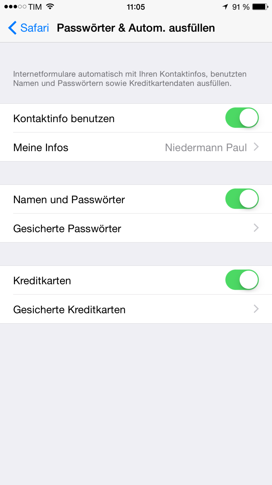 Einstellungen Safari: Passwort sichern und automatisch ausfüllen Knopf schieben drücken, um die