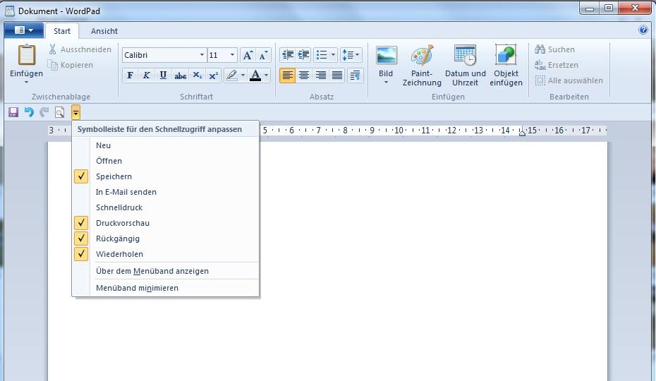 Schnelleres Arbeiten in WordPad Häufig verwendete Befehle können in WordPad auf der Symbolleiste für den Schnellzugriff (über dem Menüband) und damit so