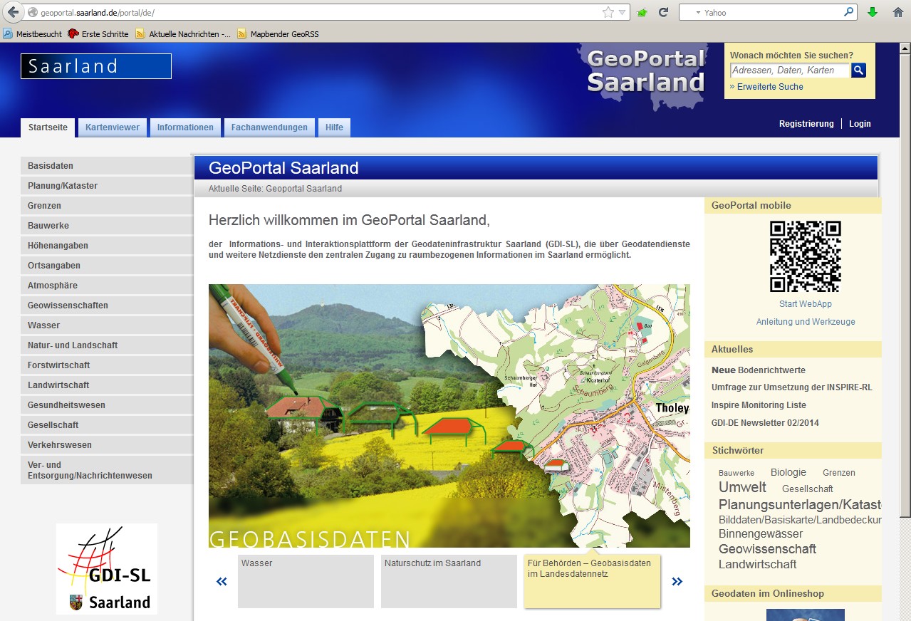 Einfügen von Diensten aus den Geoportalen des Saarlandes und von Rheinland-Pfalz Beide Geoportale basieren auf der gleichen Software und sind strukturell ähnlich aufgebaut.