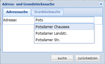 . Adress- und Grundstückssuche Mit der Adress- und Grundstückssuche können einerseits Straßen oder Adressen mit Hausnummern gesucht werden. Außerdem kann eine Flurstückssuche erfolgen.