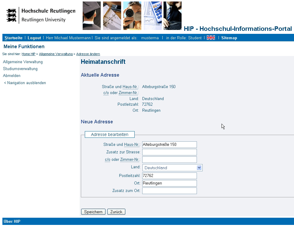 Hochschule Reutlingen Rechenzentrum 4.1.1Ändern der Heimatadresse Sie können Ihre Heimatadresse ändern, in dem Sie diese durch einen entsprechenden Klick auswählen.