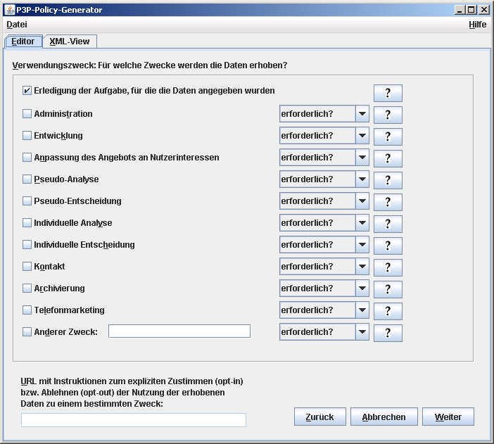 6 Bedienung des P3P-Policy-Generators 6.2.7 Bearbeitungsfenster Zweck der Datenerhebung Abbildung 6.
