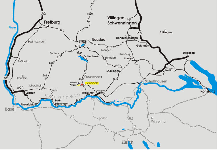 Anreise Die Anfahrt erfolgt idealerweise über die Bundesstraße B 500 aus - nördlicher Richtung Freiburg, Schluchsee, Höchenschwand oder aus - südlicher Richtung Waldshut-Tiengen Anreise über die A5,