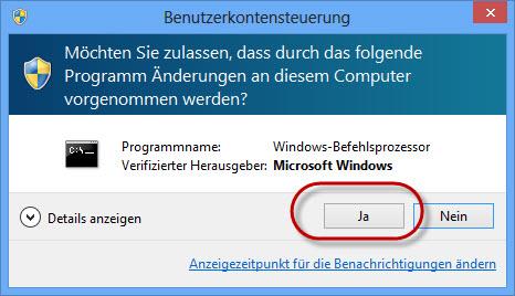Es wird nun die Eingabeaufforderung von Windows 8 angezeigt. Geben Sie in dieser den nachfolgenden Text ein.