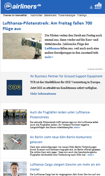 Newsletter Die airliners.de - Newsletter erreichen rund 14.000 Abonnenten pro Aussendung. (je Kalenderwoche i.d.r. sechs Aussendungen: Mo. - Fr.