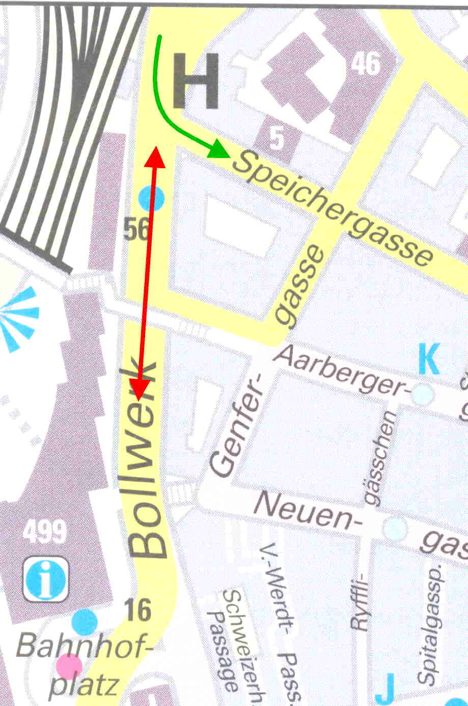 Verkehr offen NABEL-Station MeteoMast PM1 Verkehr Messung gesperrt Wasserleitungsbruch Abbildung 1: Situationsplan für Bern-Bollwerk (Kartenhintergrund Kopie aus dem Stadtplan Bern, (c) Media Swiss
