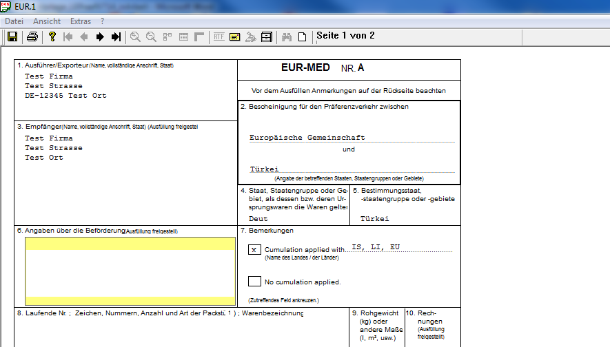 Abbildung Rechnungsdruck 7.9 Andruck von P.E.M.-Kumulationsländer auf der EUR-MED aus FT/PV (nur bei Nutzung des FT/PV Moduls) Auch im Dokument EUR-MED werden die P.E.M.-Kumulationsländer, sofern in der Rechnungsposition vorhanden, im Feld 7 angedruckt.
