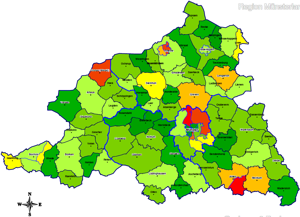 9 Das Münsterland ist erneut überwiegend in Grüntönen mit geringer Schuldnerdichte gekennzeichnet.