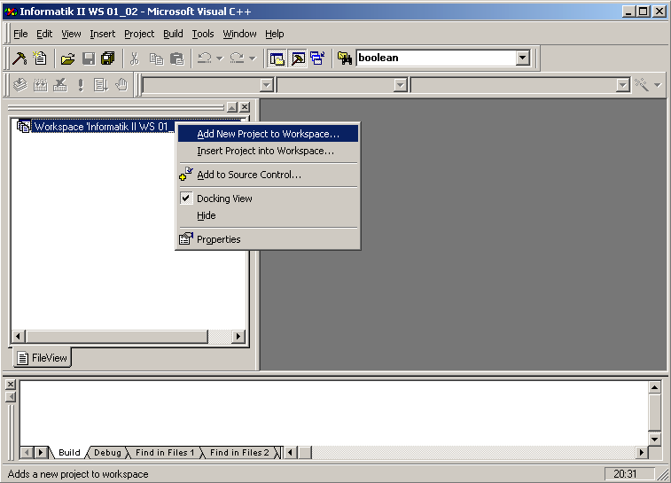 Nach Klicken auf Ok kommt man zurück auf das Hauptfenster von Visual C++ und entdeckt in der Dateiansicht (Fileview) den angelegten Arbeitsbereich.