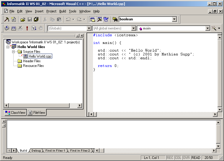 e) Klickt man im Projekt den Ordner Source Files an und wählt über das Datei-Menü Neu aus, erscheint folgendes Fenster, in dem man C++ Quelltextdatei (C++ Source File) auswählt und einen Dateinamen