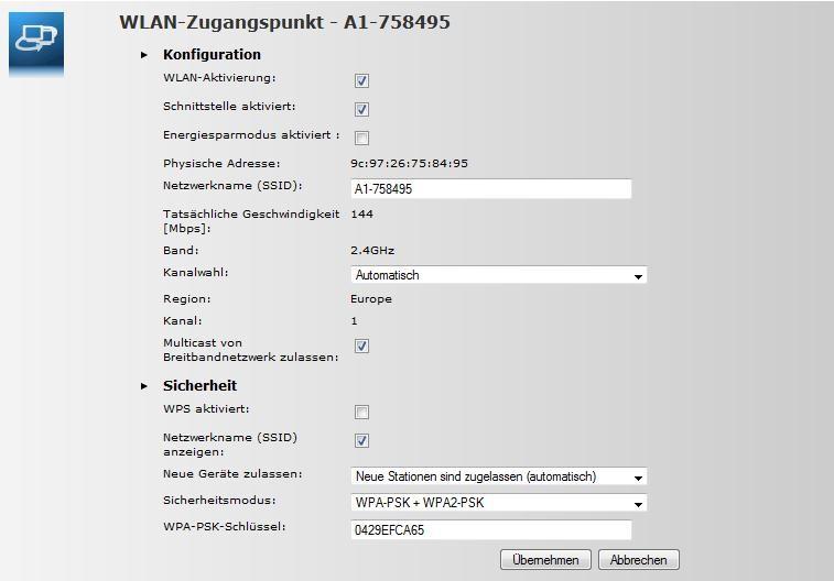 WLAN-Zugangspunkt Netzwerkname (SSID): Hier können Sie den Namen Ihrer WLAN- Verbindung frei wählen. Ändern Sie dazu bitte die vorausgefüllte Bezeichnung.