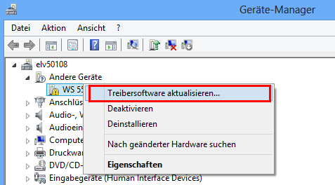 WS 550 Treiber Installation unter Windows 8: Die Installation des Treibers erfolgt über den Geräte-Manager, welchen Sie über einen Rechtsklick in der linken