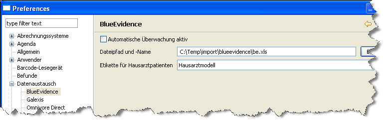 Abbildung 1: BlueEvidence Plugin Konfiguration Für die automatische Synchronisation markieren Sie ausserdem die Option Automatische Überwachung aktiv und geben ausserdem den Dateinamen an, den Ihre