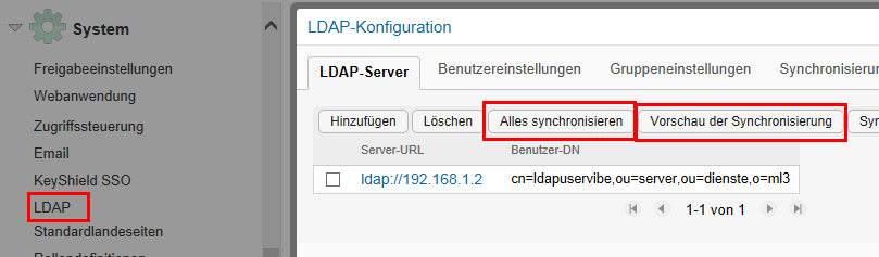 1.3 Benutzer synchronisieren Rufen Sie Vibe im Browser mit http://192.168.1.36 ( Filr mit http://192.168.1.368) auf und melden Sie sich als admin und dem Passwort des Vibe-Admin (bzw. Filr-Admin) an.